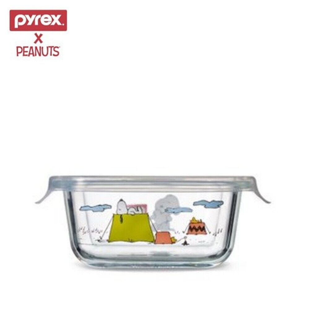 Pyrex Peanuts Snoopy Glass Storage Heat Resistant Container Square 310ml 10.9 oz