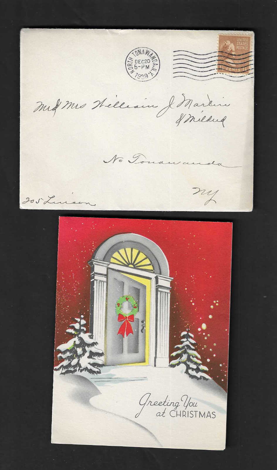 vintage 1939 N.Y. Greeting You at CHRISTMAS Card House Porch Snow envelope stamp