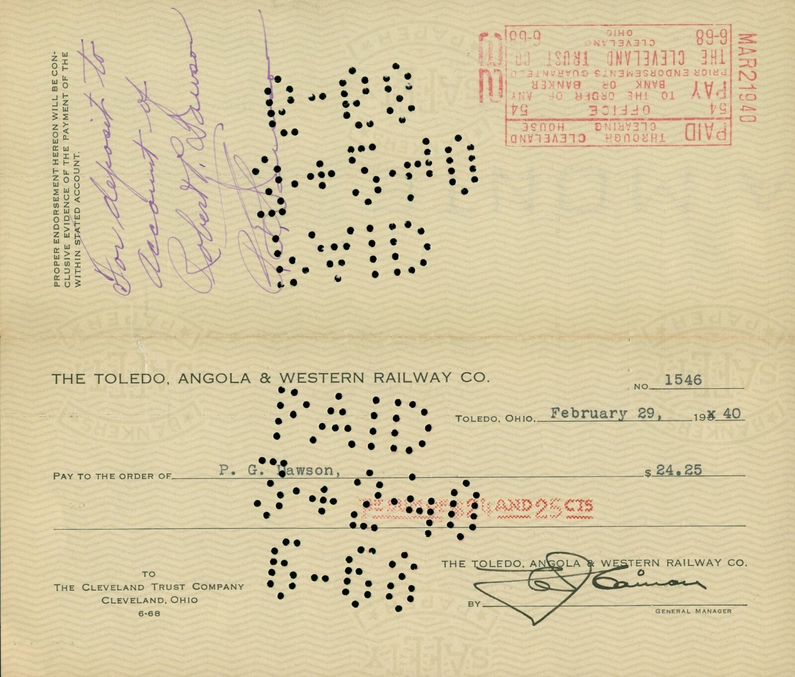 1940 Toledo Angola & Western Railway Pension Payroll Check Dawson Cleveland Rail