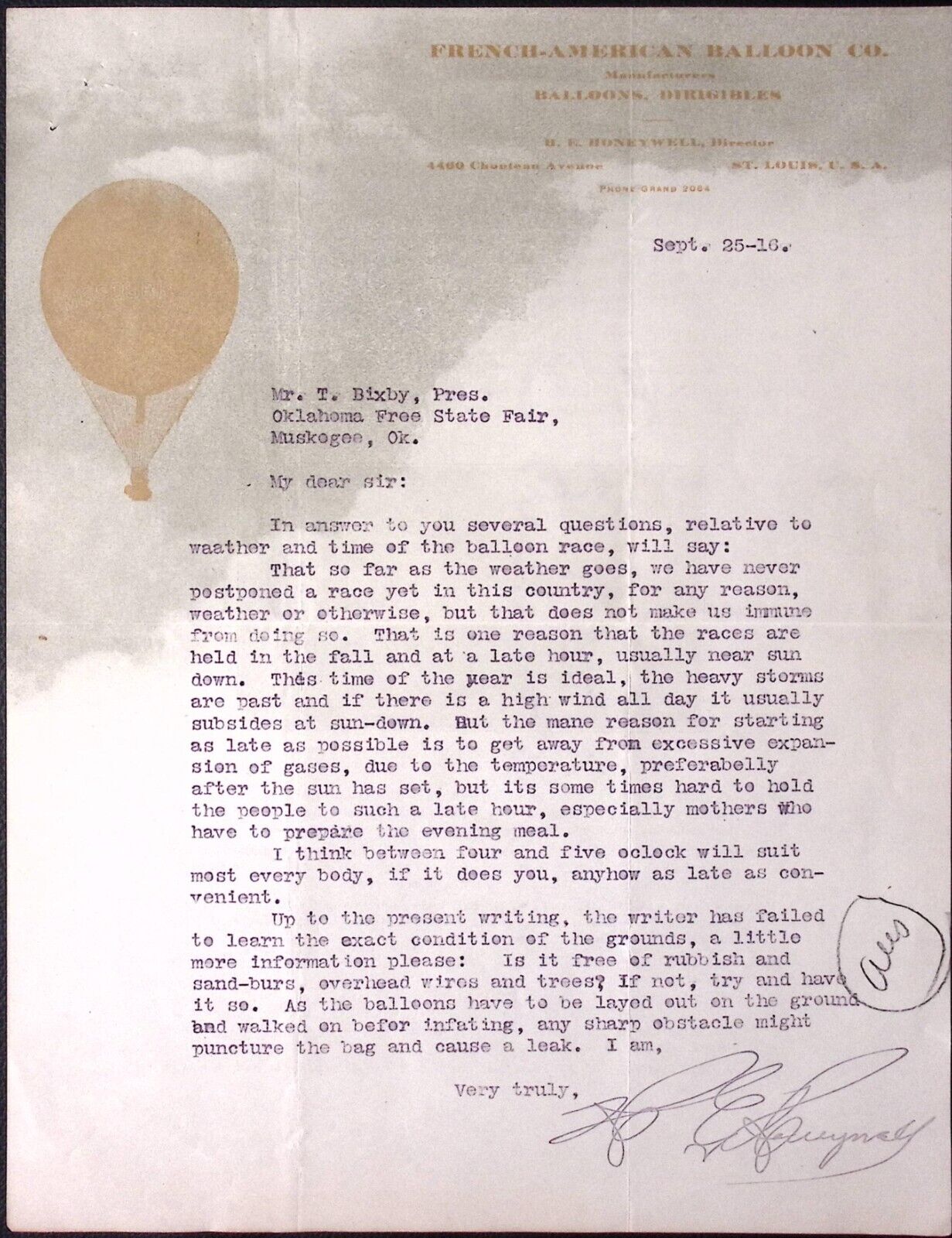 1916 French-American Balloon Co St Louis USA Letter About Balloon Race & Article