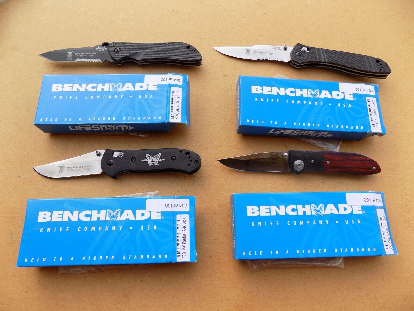 Rare Set 4 Benchmade Knives of the Year 910SBT Stryker 710S Axis 720 Pardue 690