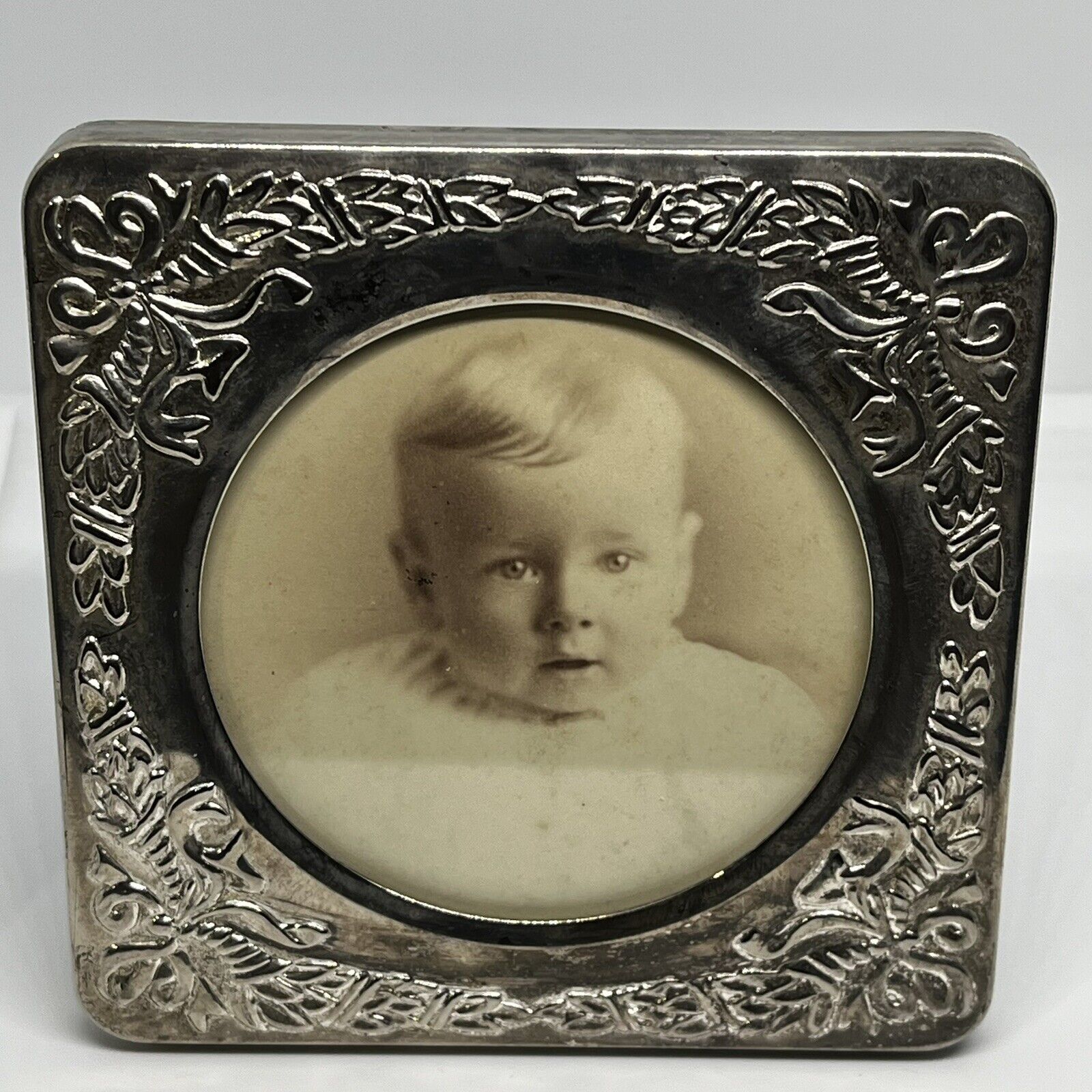Antique Framed Photo Baby Boy Dated 3-25-1892 Victorian Era Silver Tone Frame