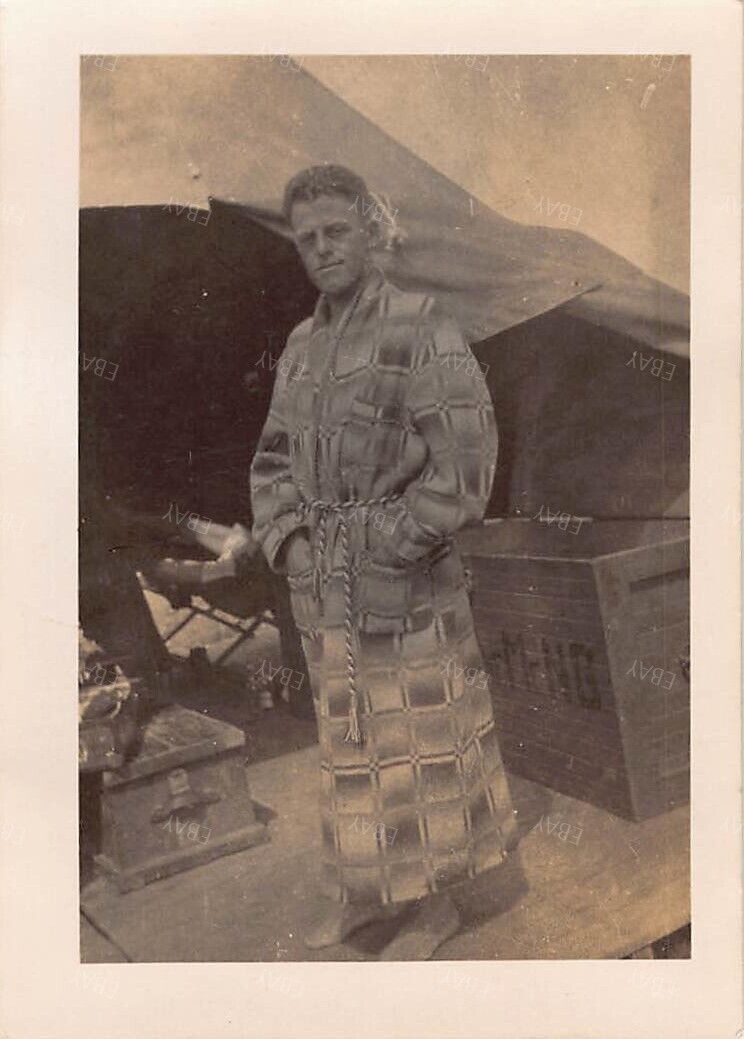 Old Photo Snapshot Army Man Wearing Robe Military Camp #5 Z22