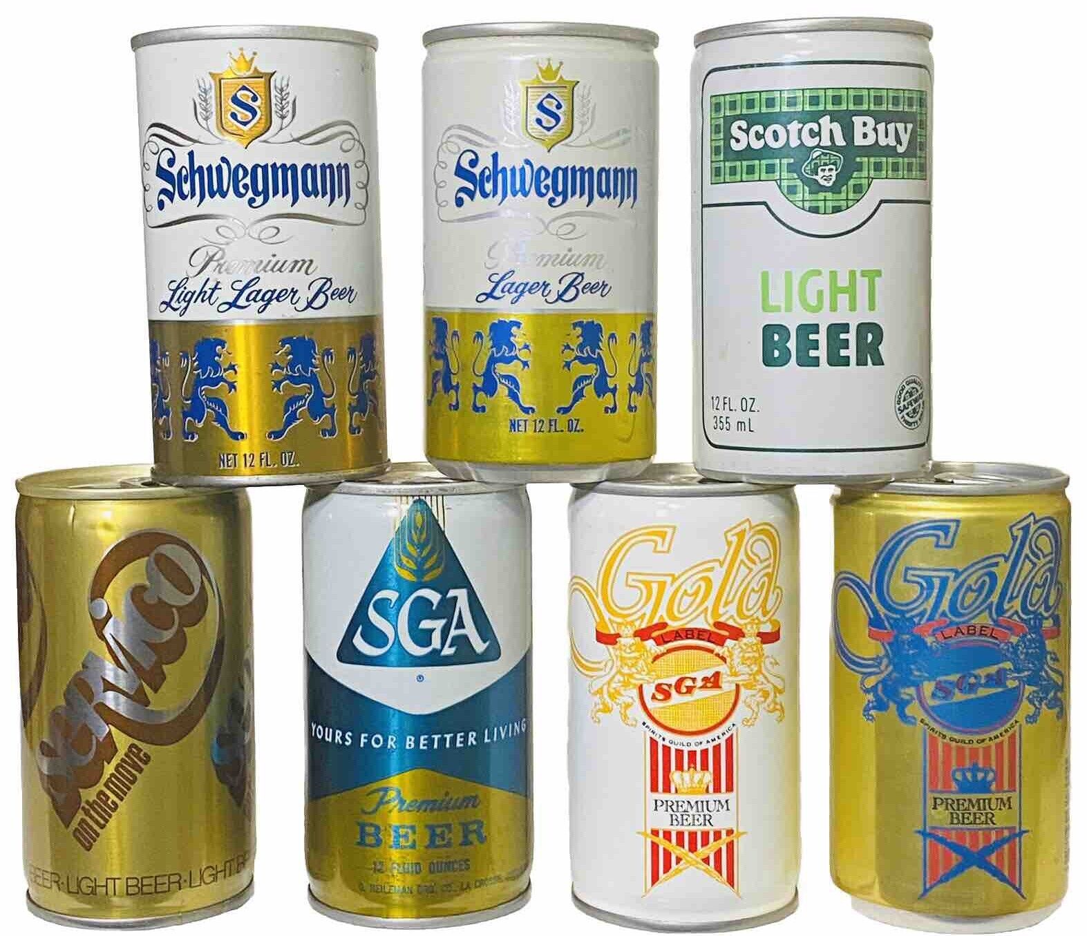 Vintage 1970s Supermarket Beer Cans Lot of 7 Schwegmann Servico SGA Scotch Buy