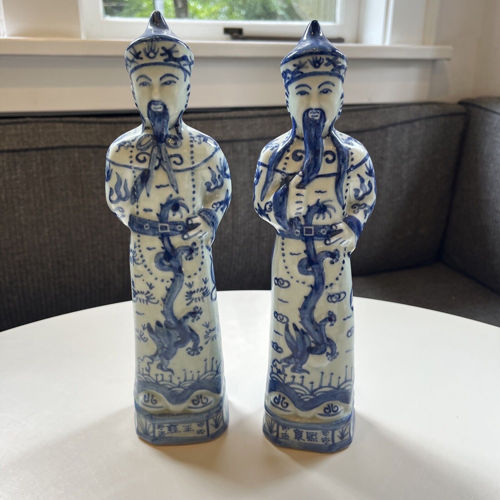 Pair Of Vtg Chinese Emperor Figurines White + Blue Ceramic Statues Chinoiserie