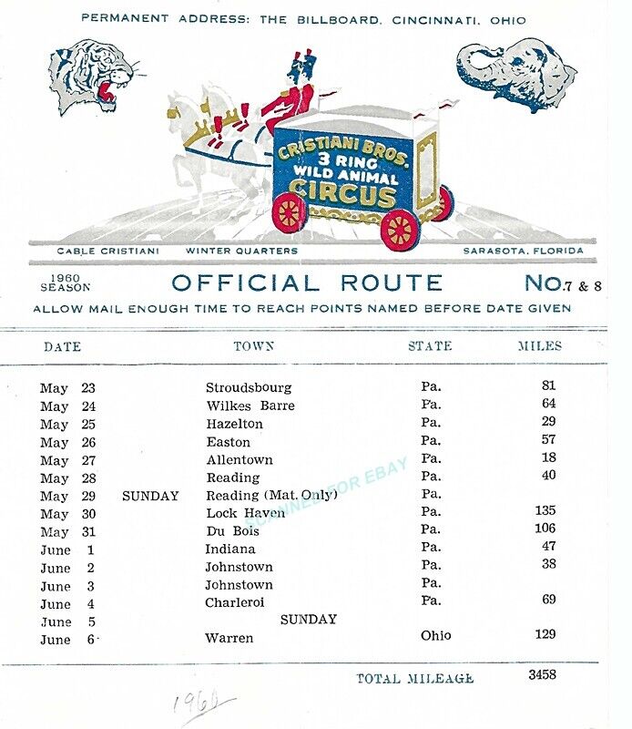 Cristiani Bros Circus Official Orig 1960 Route Card No. 7 & 8