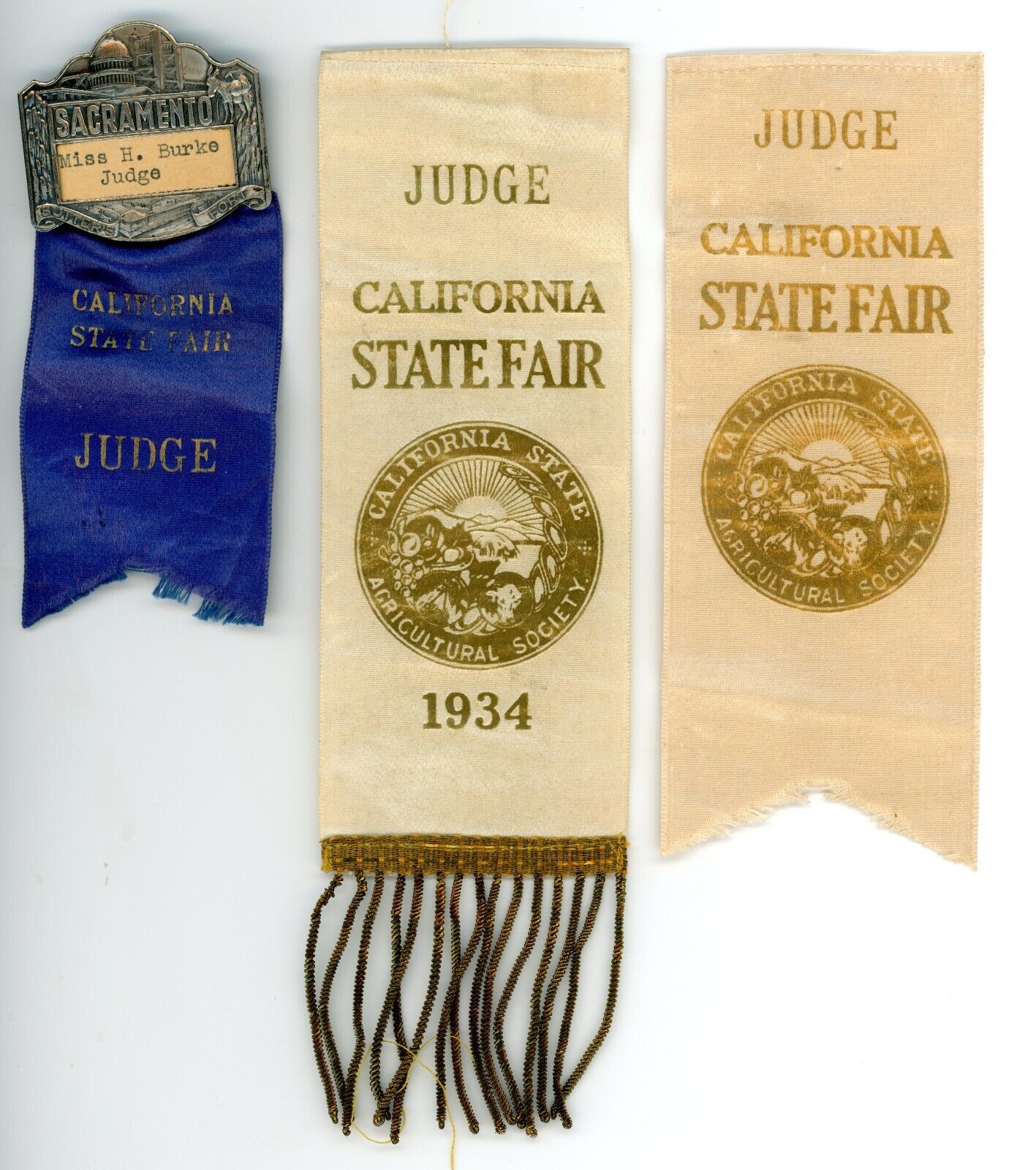 3 1934 California State Fair, Sacramento Single Women Judge Ribbons