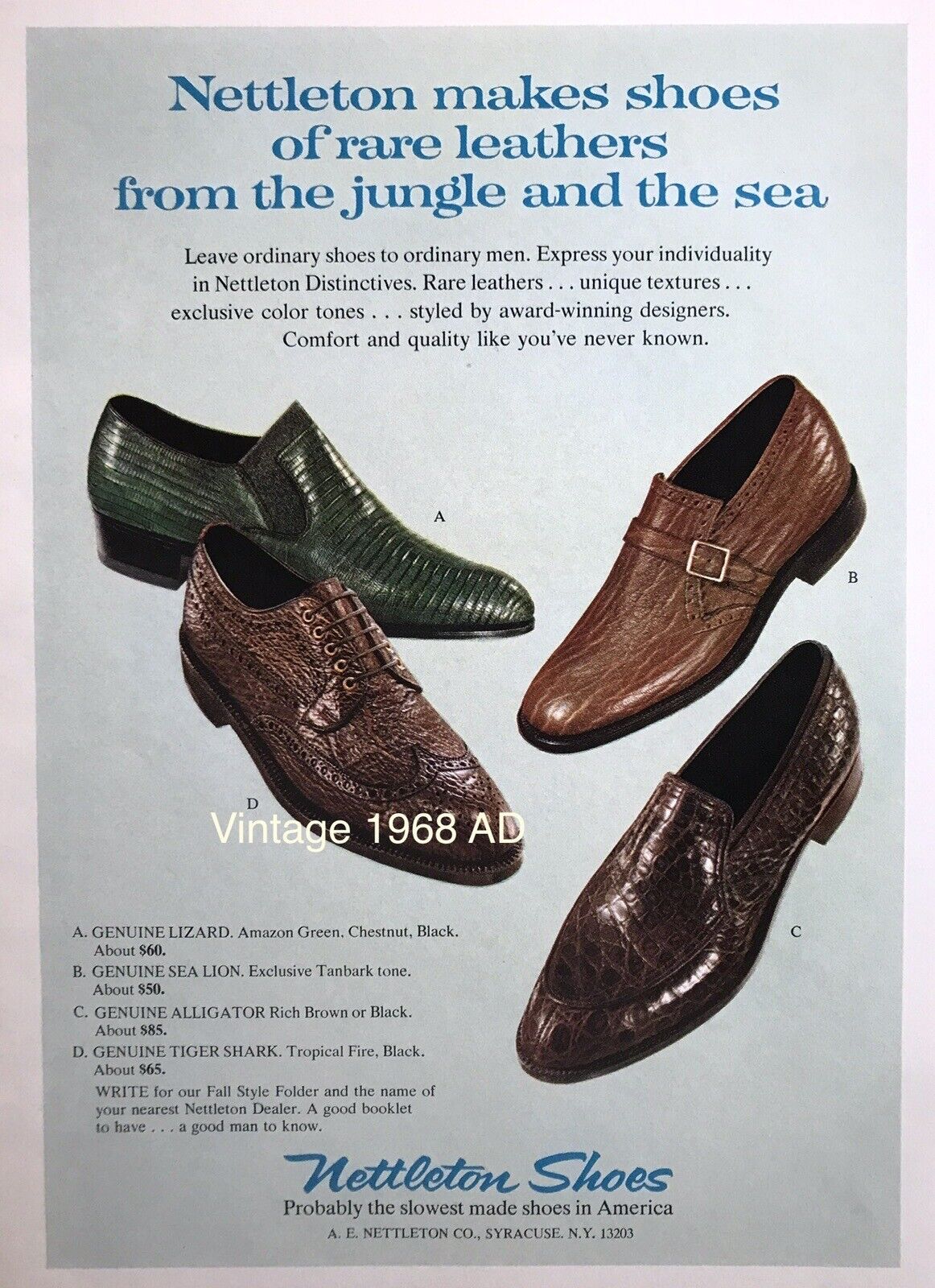 1968 Nettleton Shoes PRINT AD VINTAGE Leathers From Jungle & Sea PROMO