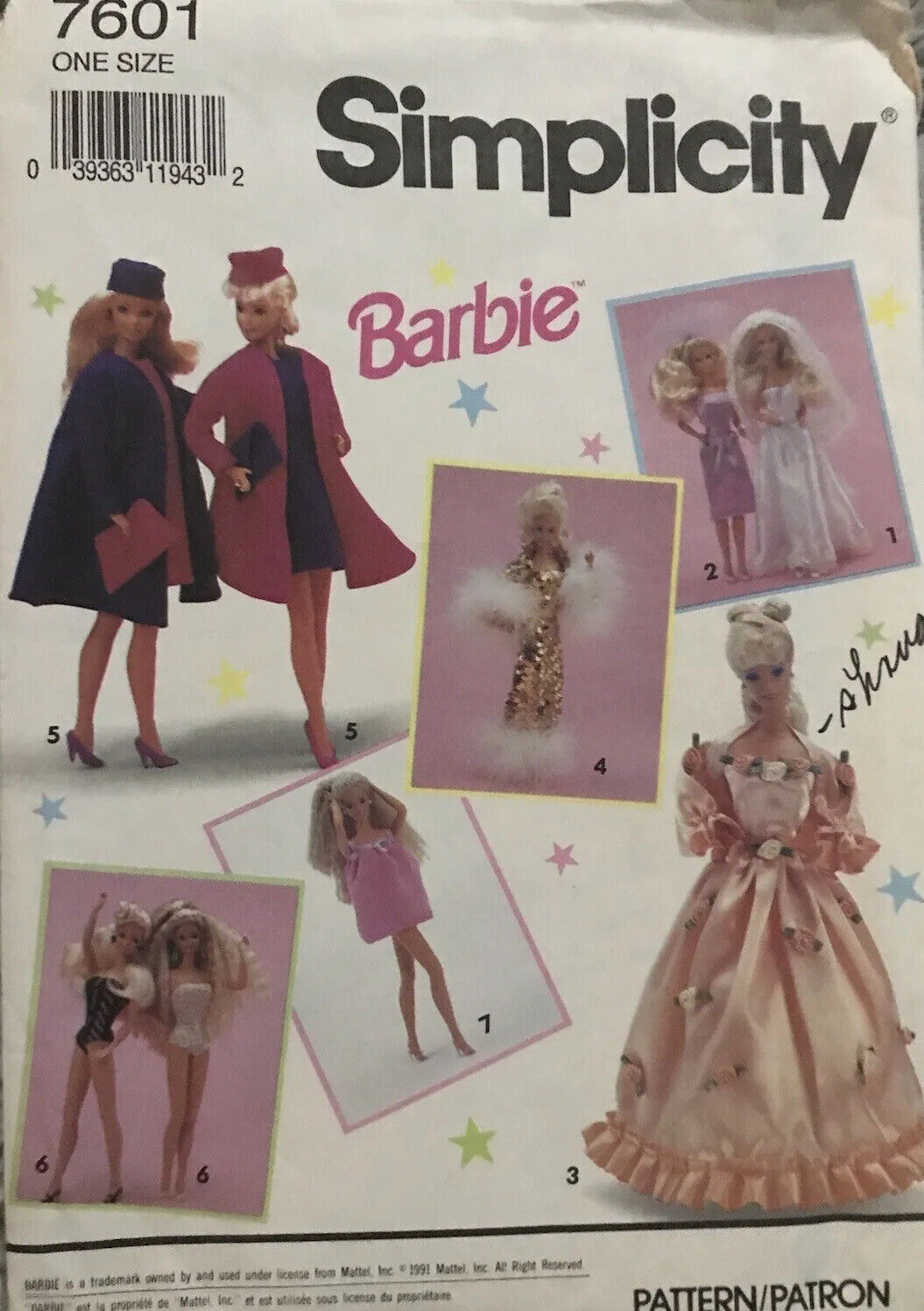 Simplicity 7601 Barbie Wardrobe Dress Gown Pattern Hat Jacket 1990s Doll Vtg