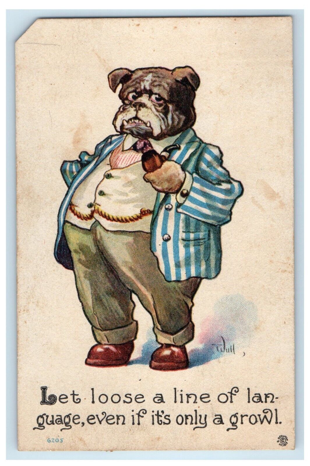 c1910's Wall Anthropomorphic Bulldog Checkered Coat Posted Antique Postcard