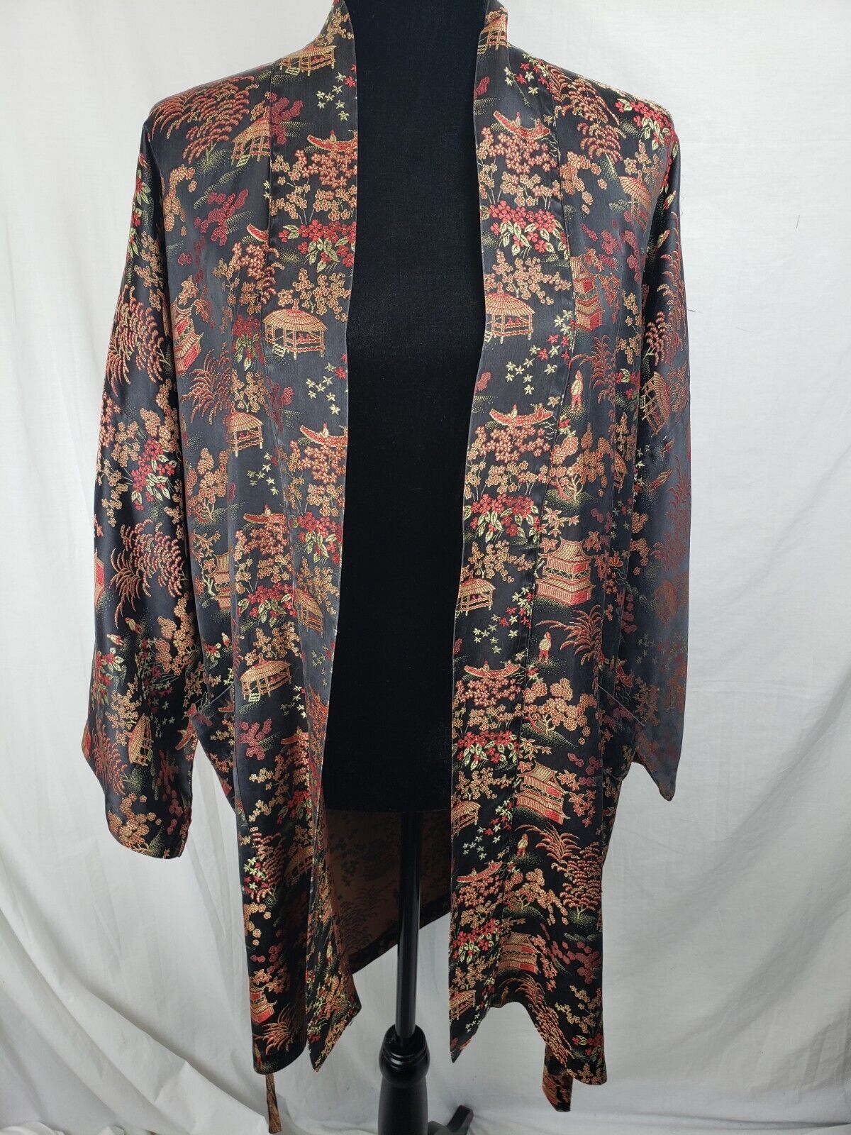 Vintage Peony Brand Black Embroidered Kimono With Belt One Sz Fits Most