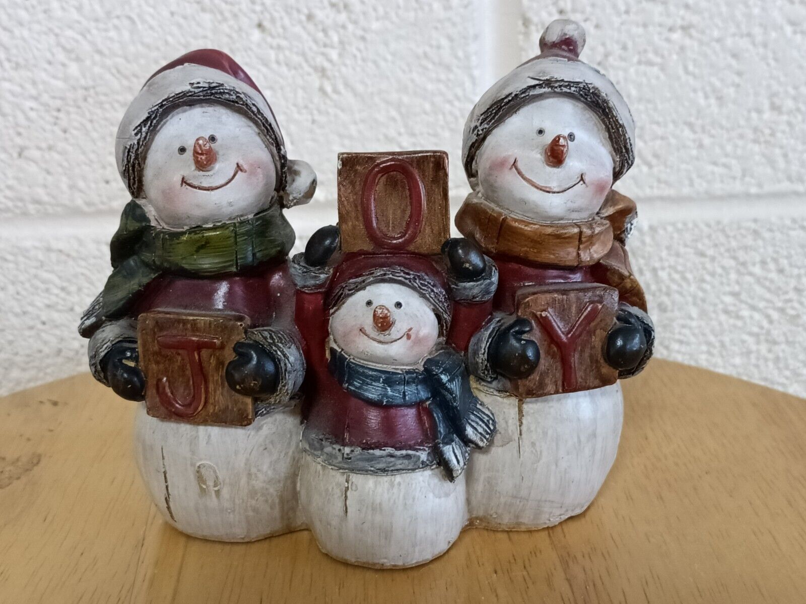 Whimsical Snowman Group of 3 Holding Letters Spelling Out JOY