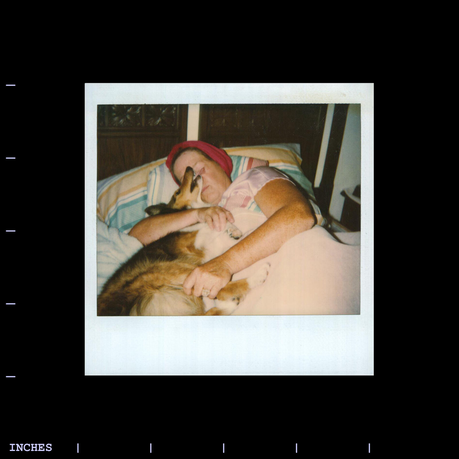 Old Polaroid Photo WOMAN SLEEPING WITH DOG