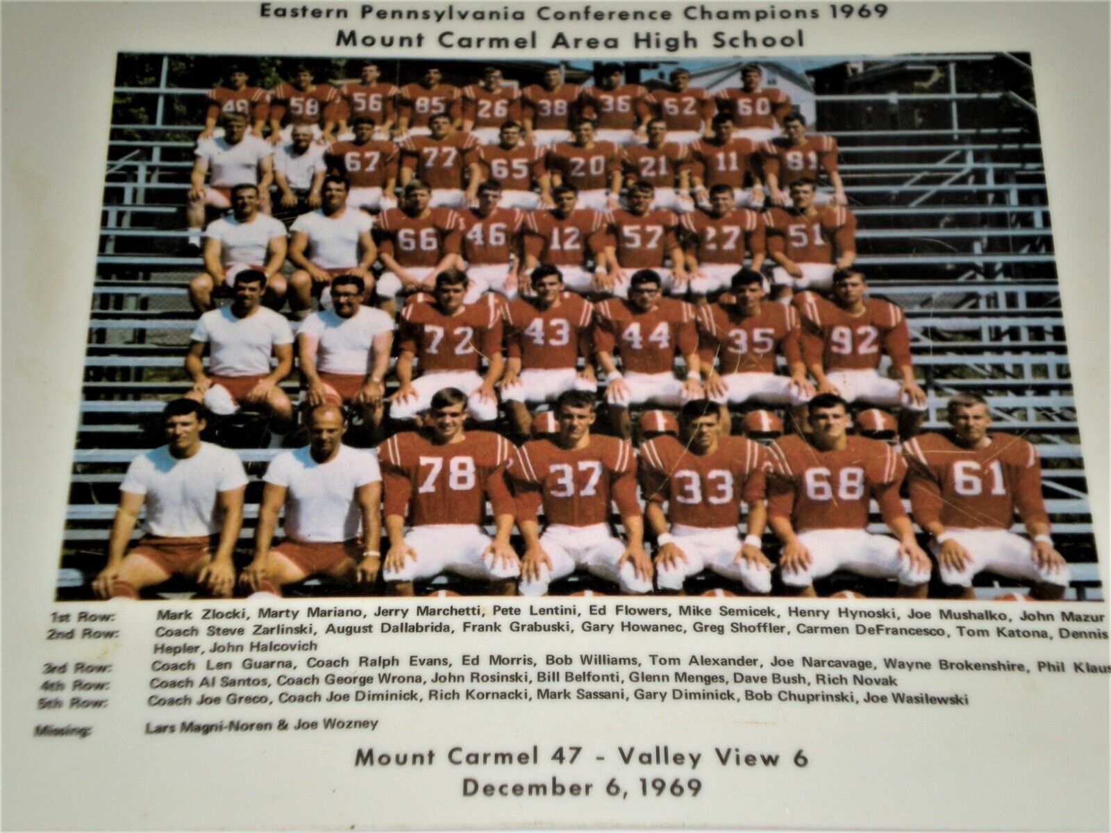 Vintage Rare 1969 Mount Carmel High School Football Championship Tray