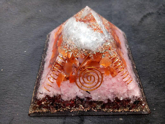 Unique Combination Celestite Rose Quartz Garnet And Carnelian Orgone Pyramid