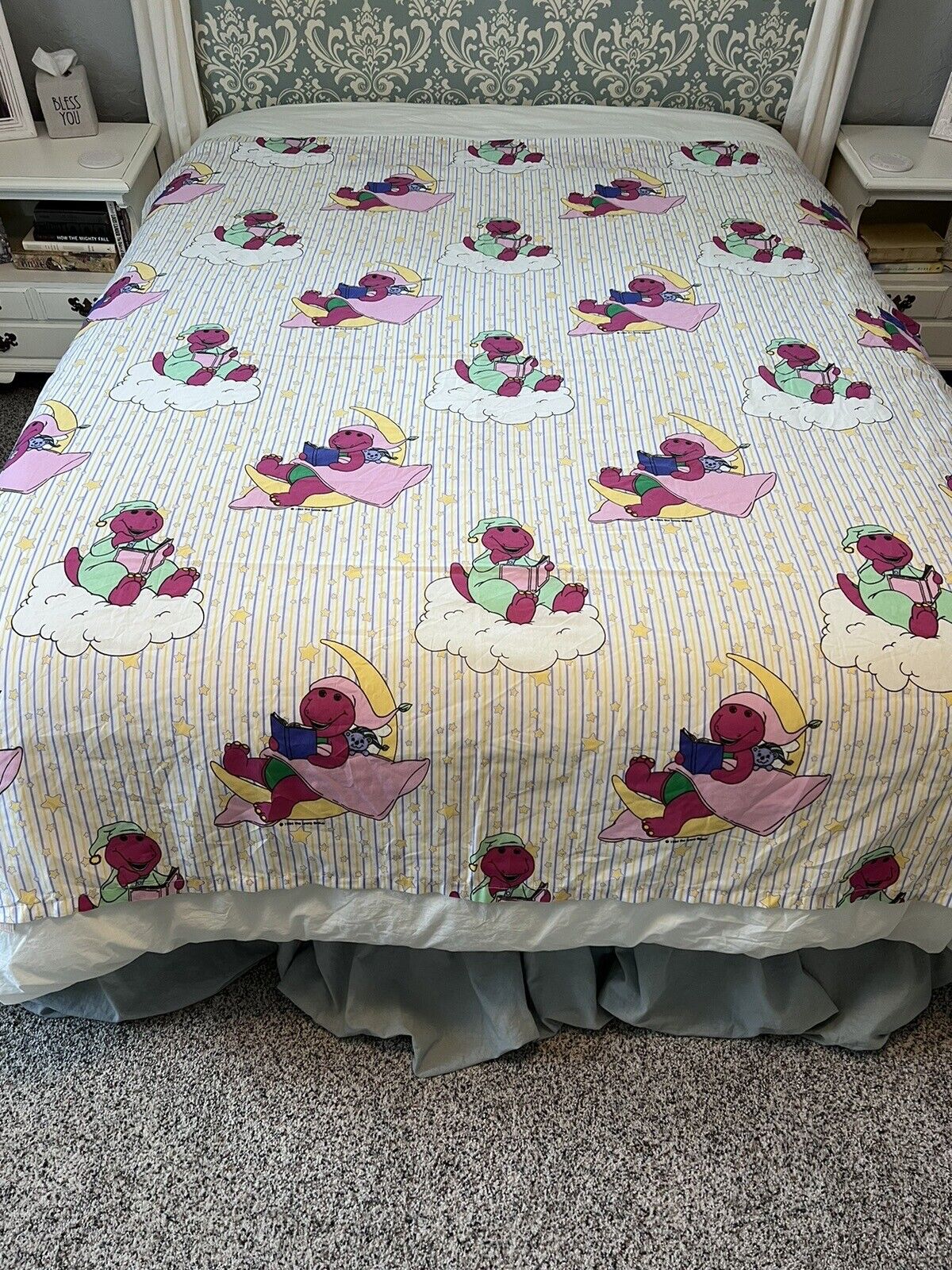 Vintage 90s Bedtime Barney The Purple Dinosaur Curtain Panel Or Twin Sheet RARE