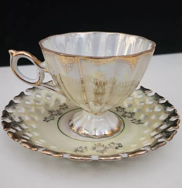 Vintage Napco White Gold Lusterware Footed Tea Cup & Reticulated Saucer Japan
