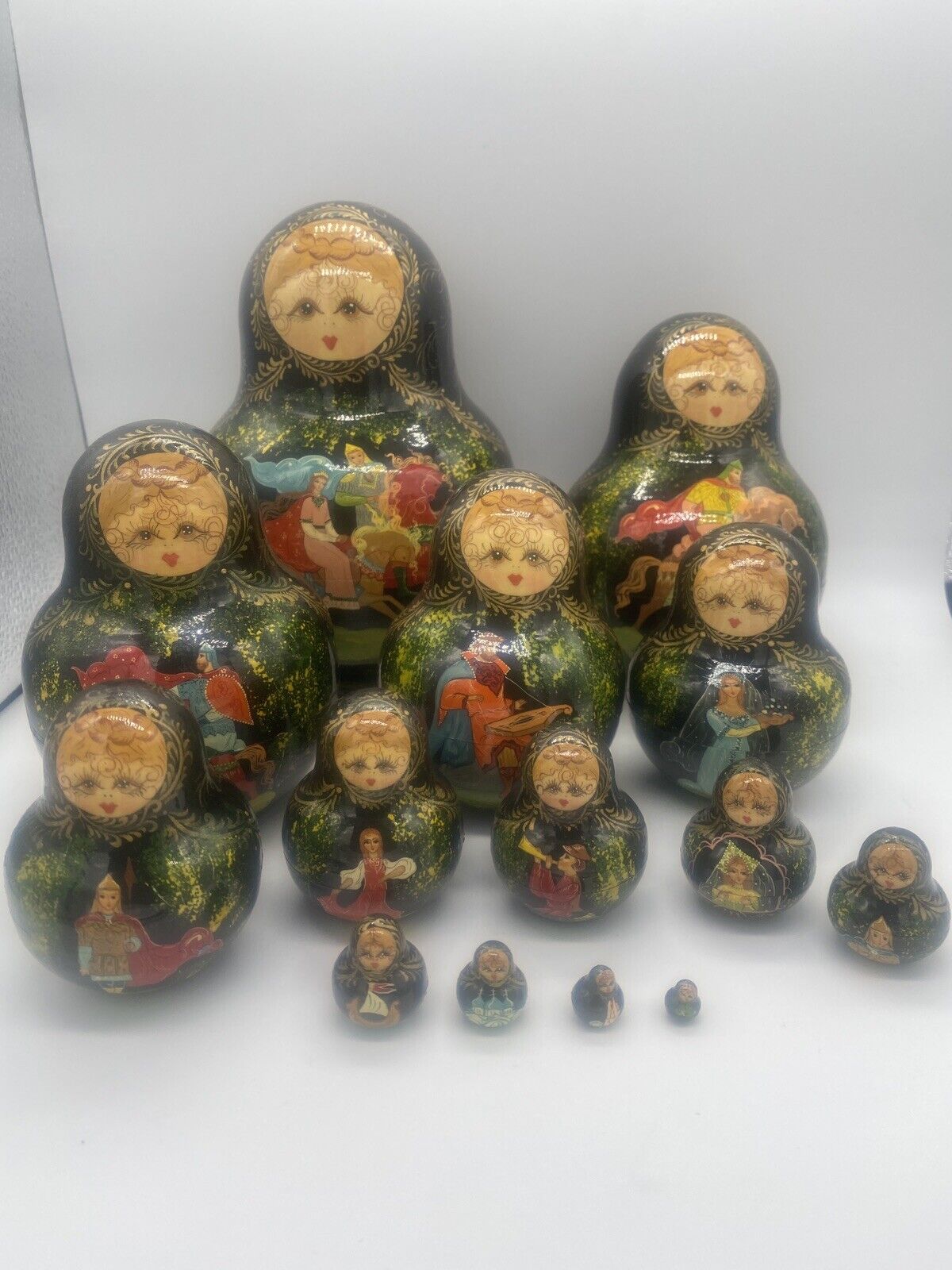 VTG - RARE - XLG Signed Russian Wood Handpainted Nesting Fairy Tale 14pcs