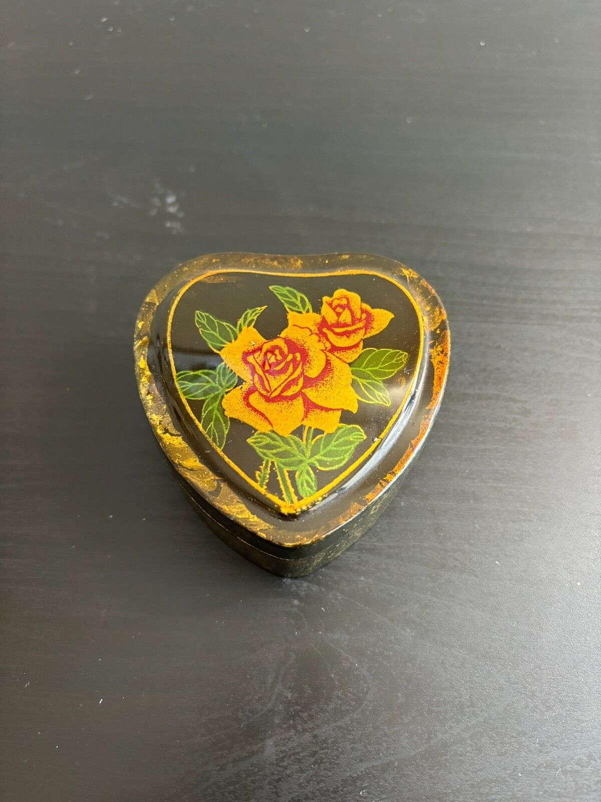 Vintage Hand Painted Heart Shaped Black Laquer Trinket/Jewelry Box  