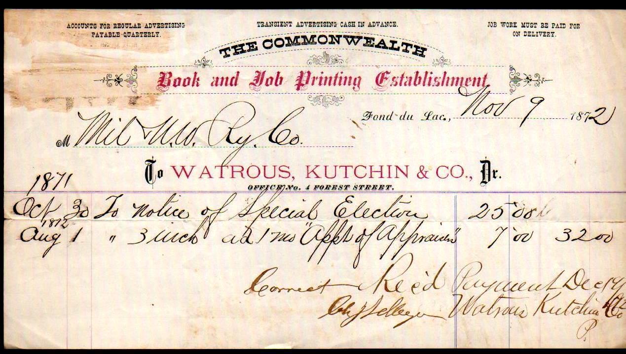 Commonwealth Book & Job Printing  - Fond du Lac Wi 1872 - Rare Letter Head Bill 
