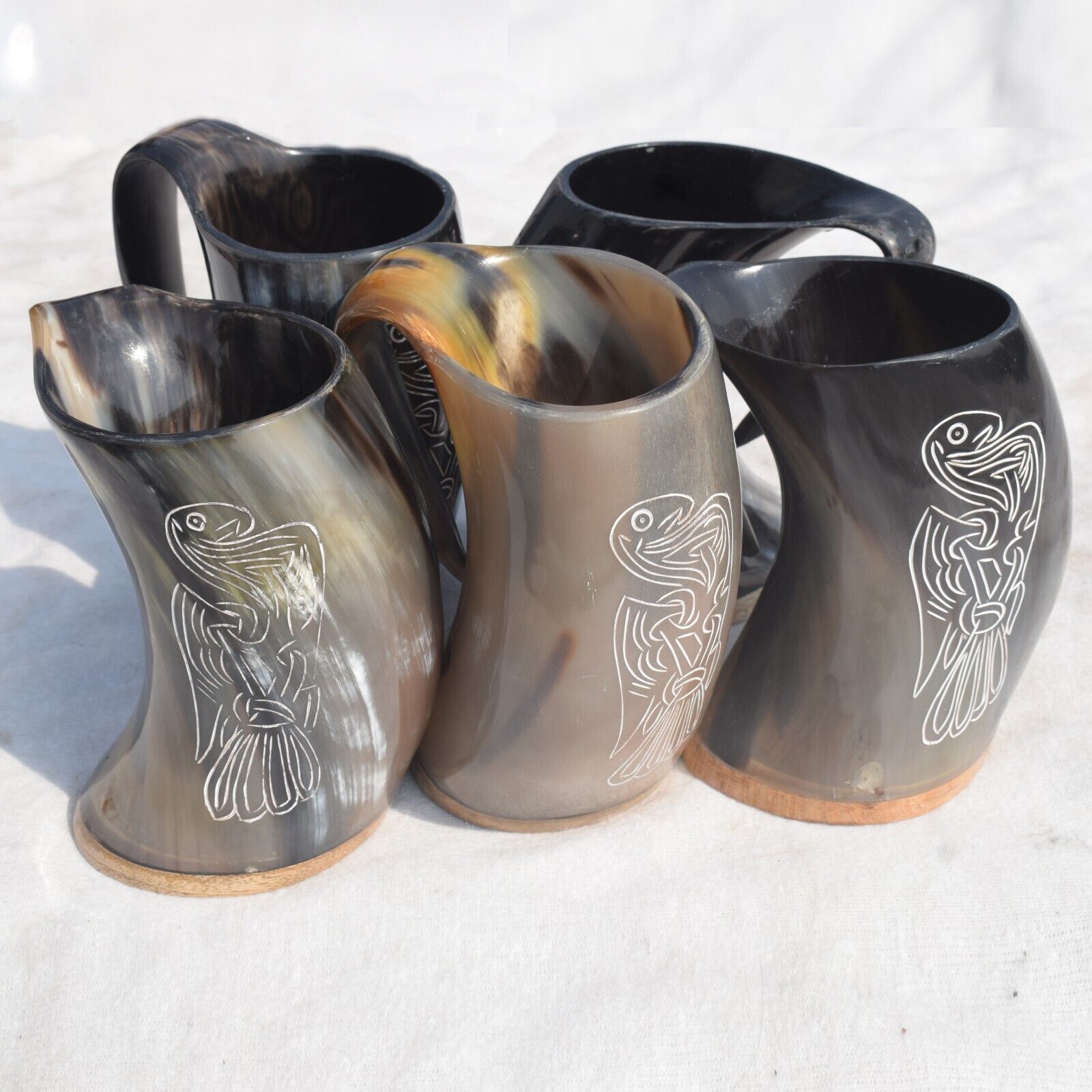 Set of 5 Viking Drinking Horn Mugs Ale, Beer, Wine Ceremonial Medieval Drinkwar