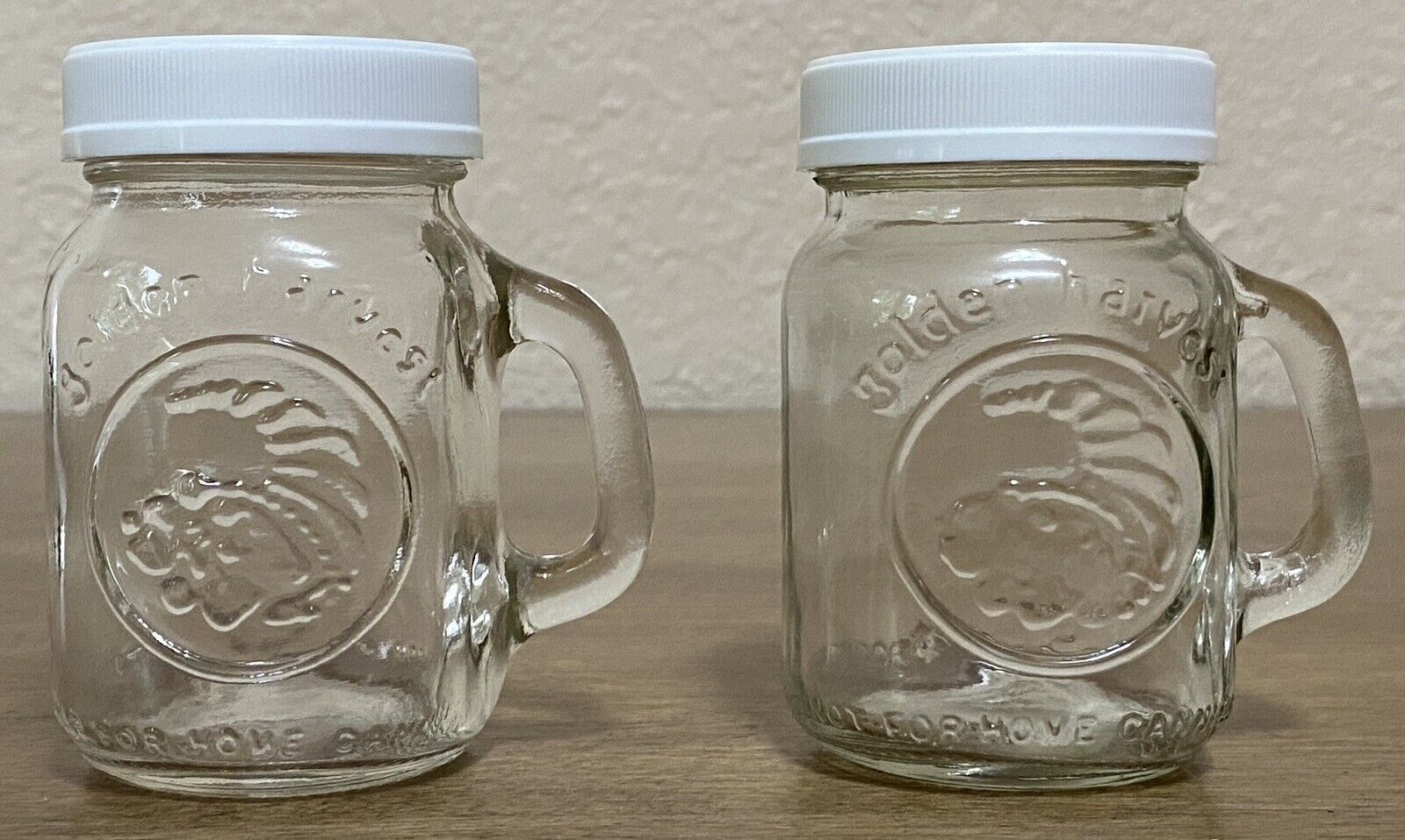 Used Set of 2 Golden Harvest Mason Glass Jar Salt and Pepper Shakers White Lids