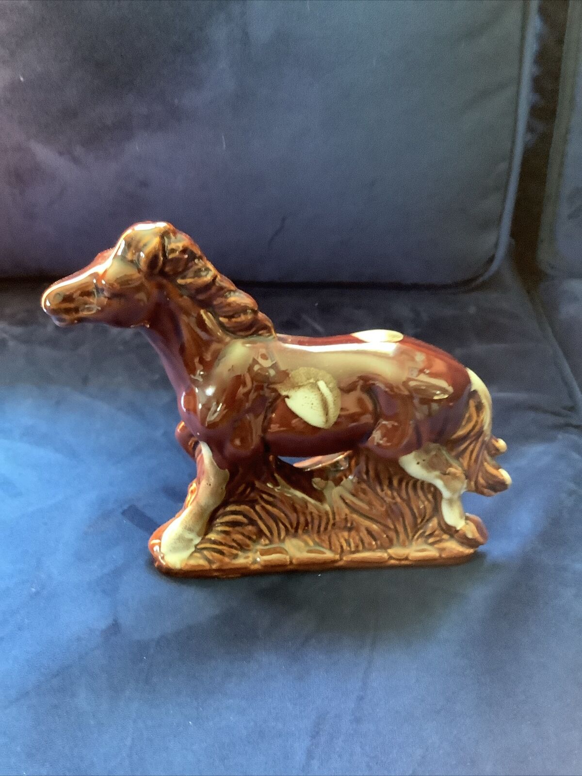 Vtg Ceramic Clay Horse Figurine Brown White 7” Tall, Base 6.5”