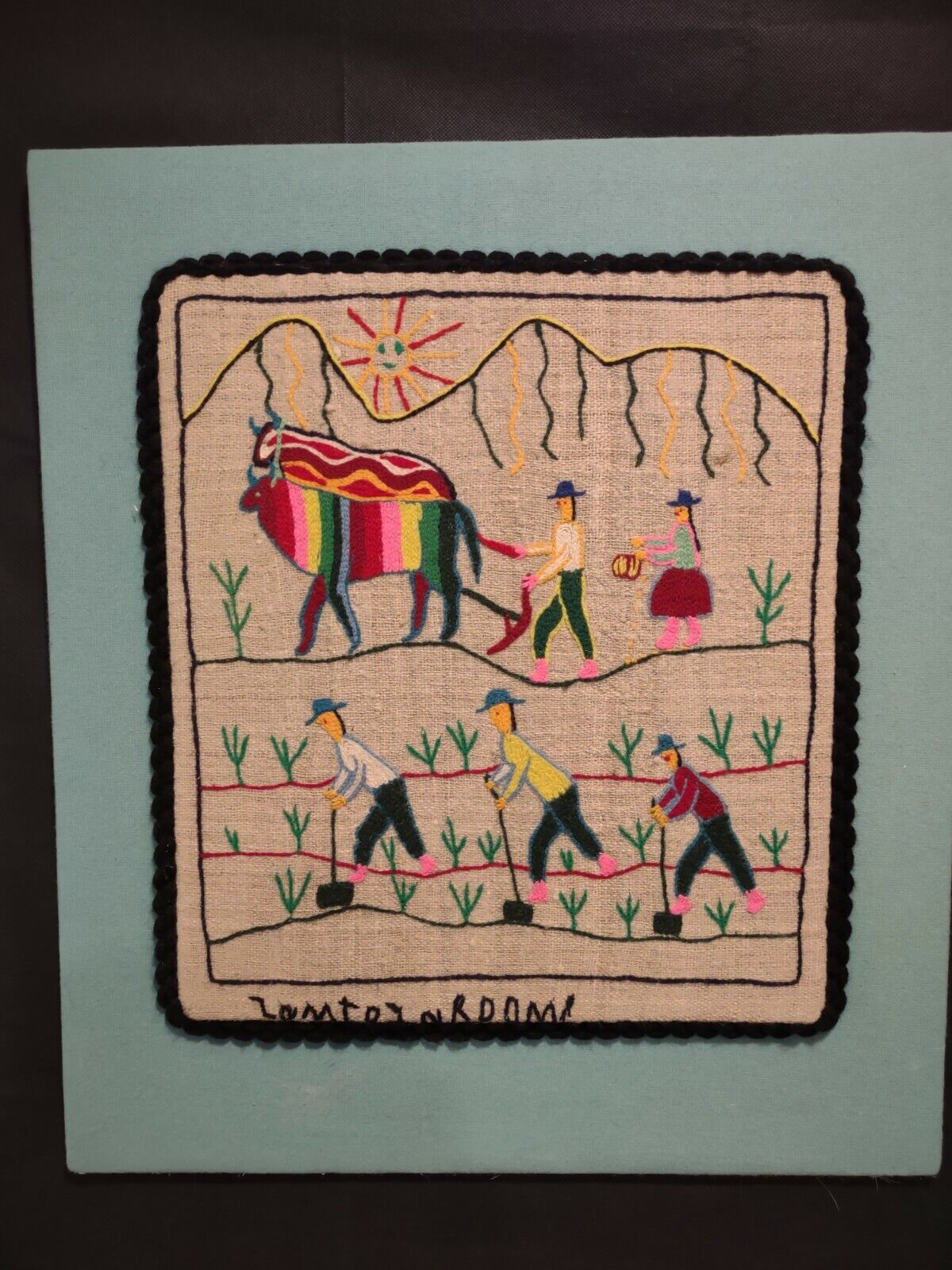 Children Of Chijnaya Vintage wool embroidery on wood frame Life Peruvian Andes