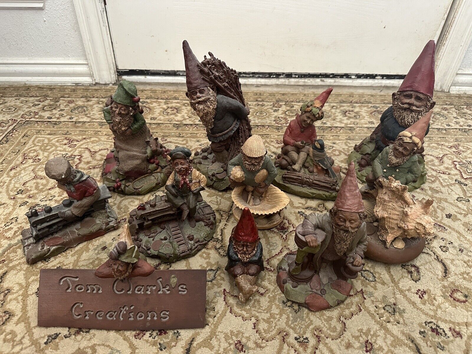 Lot of 10 Thomas Clark Gnome Figurines Plus Display Sign