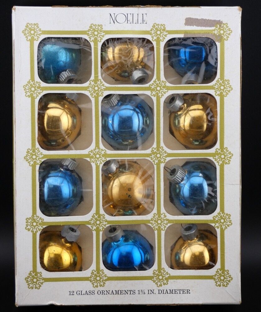 Vintage Christmas Noelle Blue and Gold Mercury Glass Ornaments Original Box