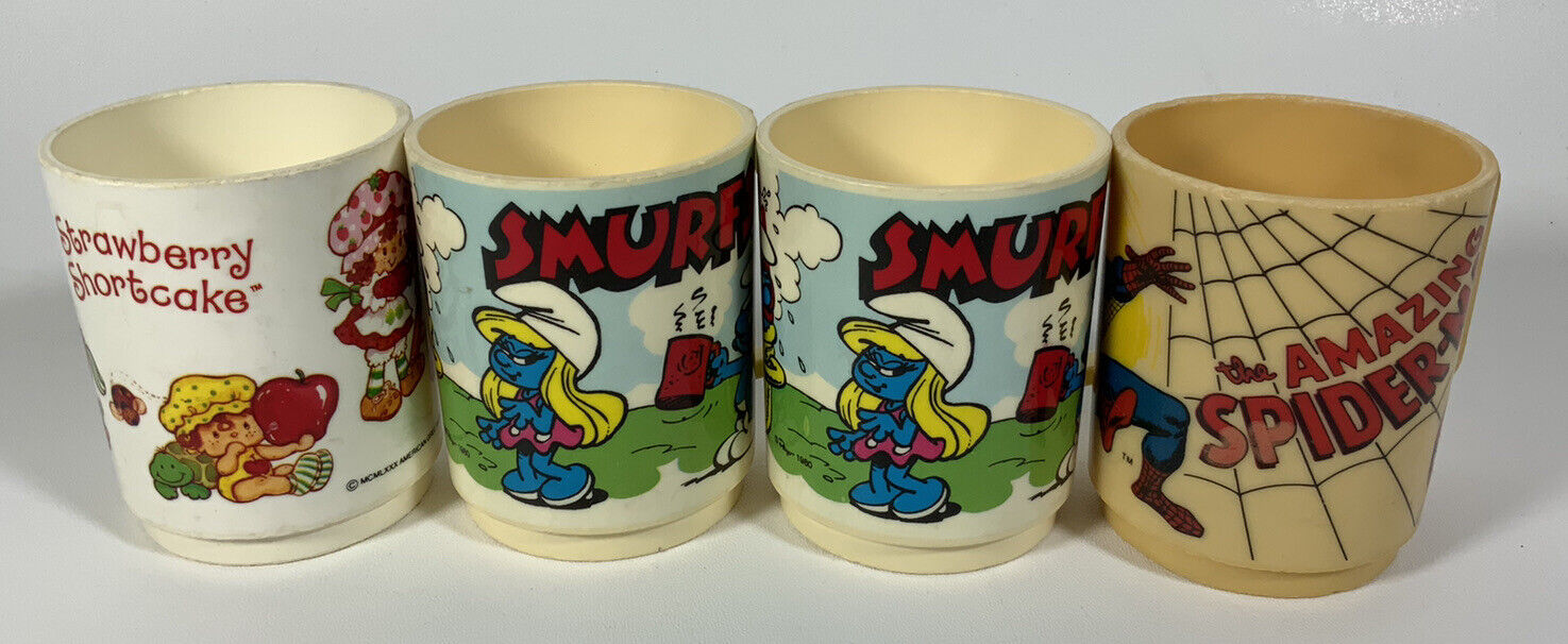 Vintage 1977 1980 SMURFS SPIDER-MAN STRAWBERRY SHORTCAKE Deka Mug Cup Plastic