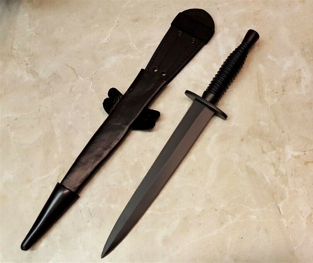 Commando Knife Black Blade Double Edge Aluminum Handle Dagger Leather Sheath
