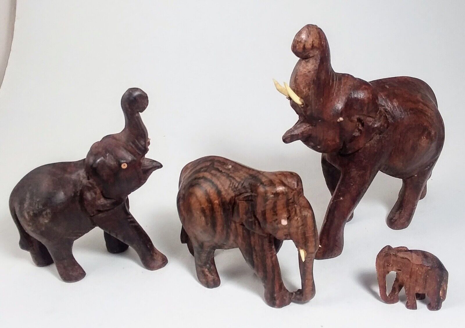 Vintage Hand Carved Wooden Elephants Lot of 4 India Label Adult Juveniles Baby