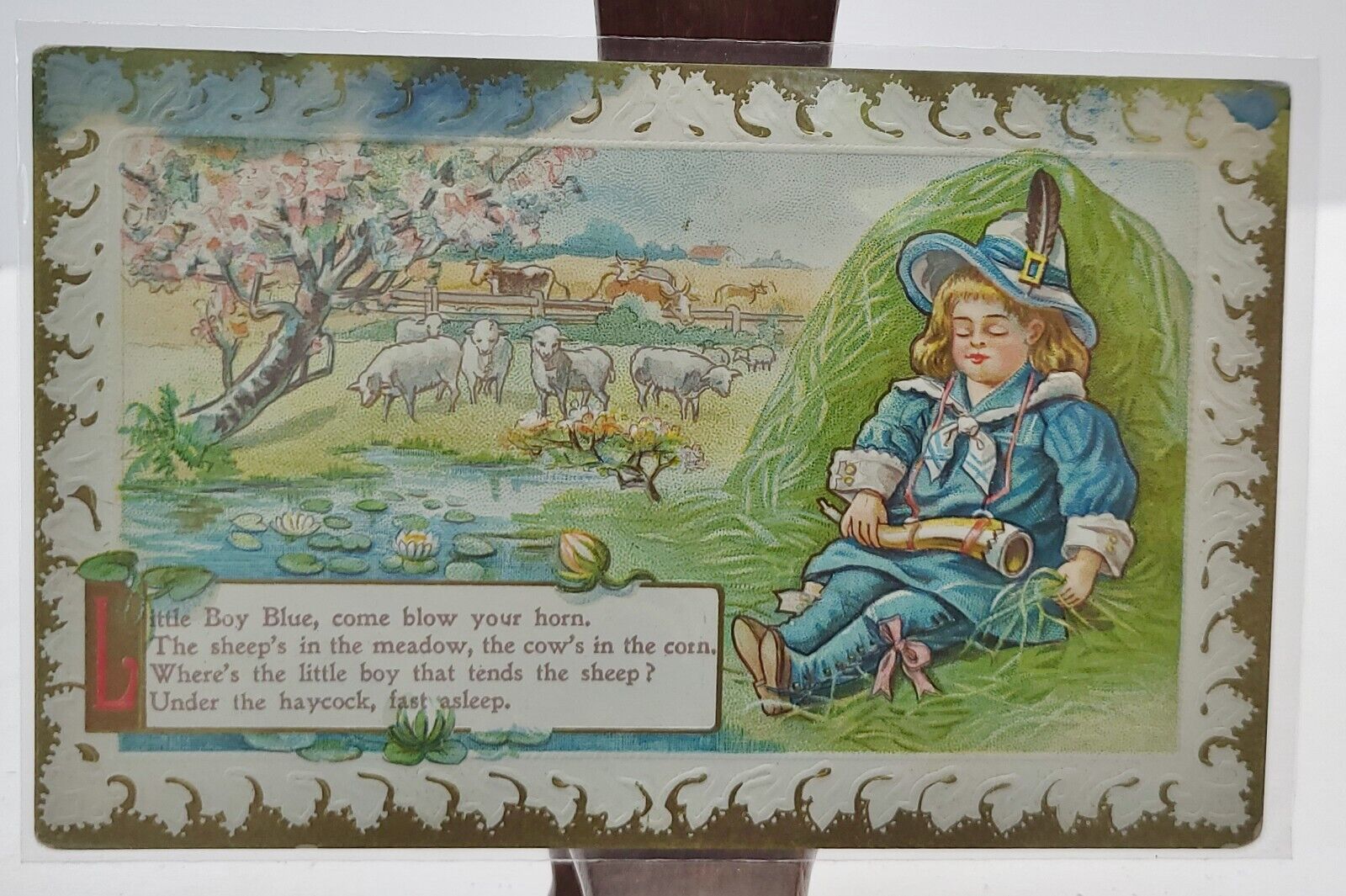 Vintage Unused Postcard -Little Boy Blue Nursery Rhyme Embossed