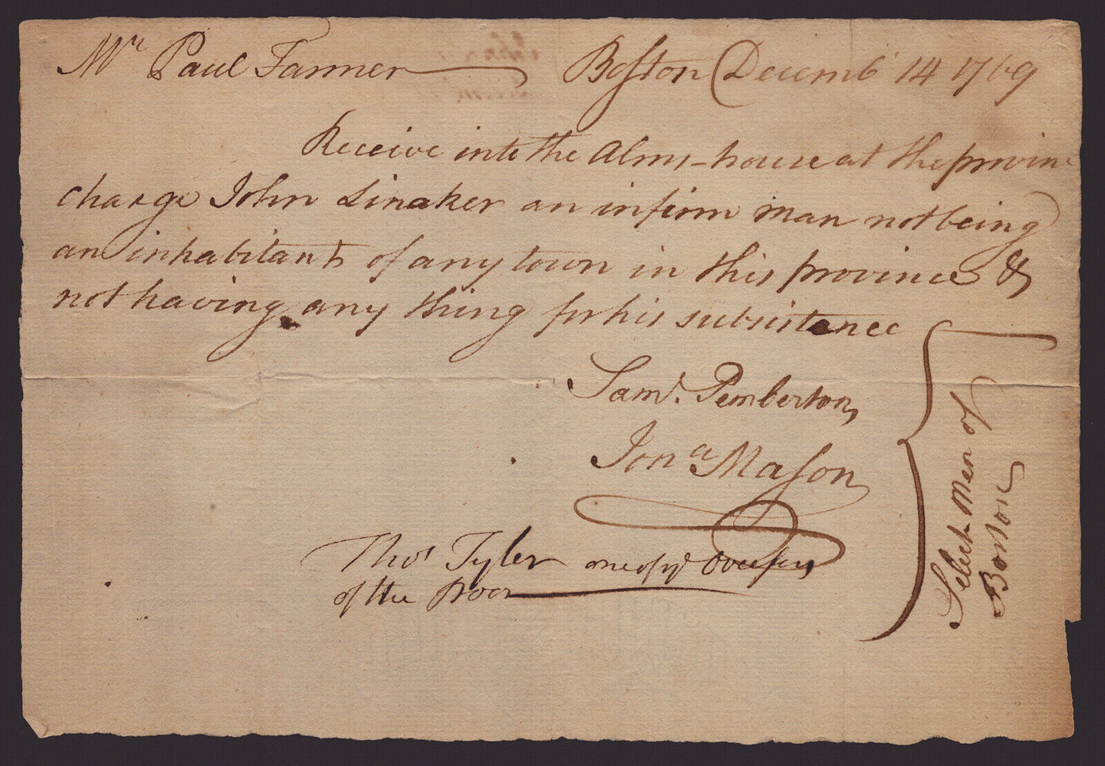 SAMUEL PEMBERTON - MANUSCRIPT DOCUMENT SIGNED 12/14/1769