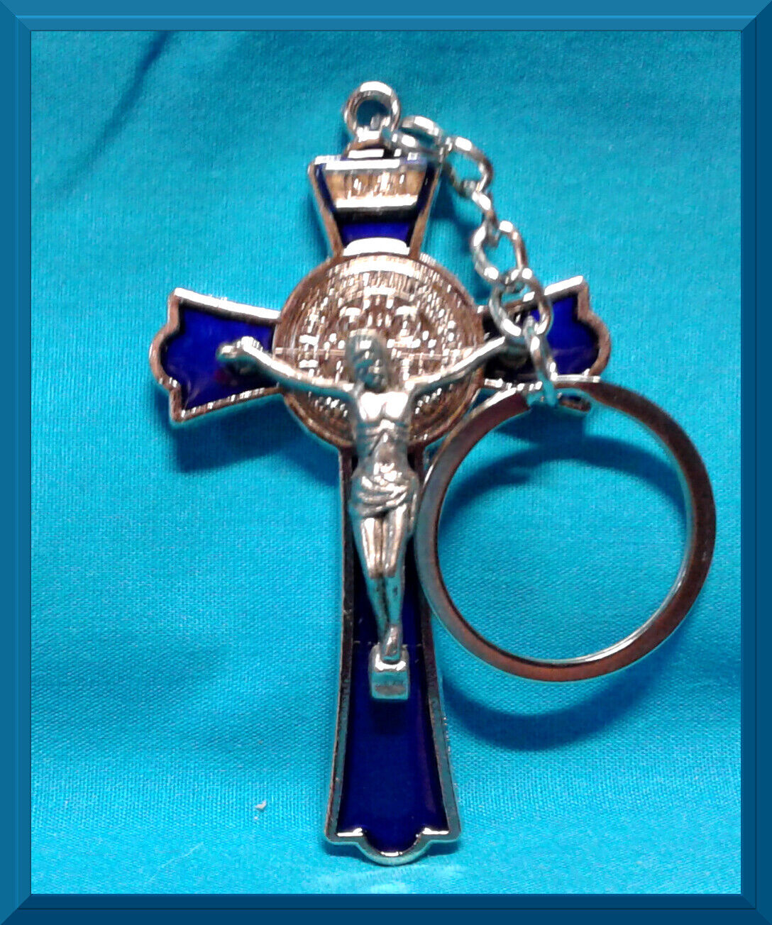 Keychain St. Saint Benedict Medal Cross Key Ring BLUE Metal Double Sided 3\