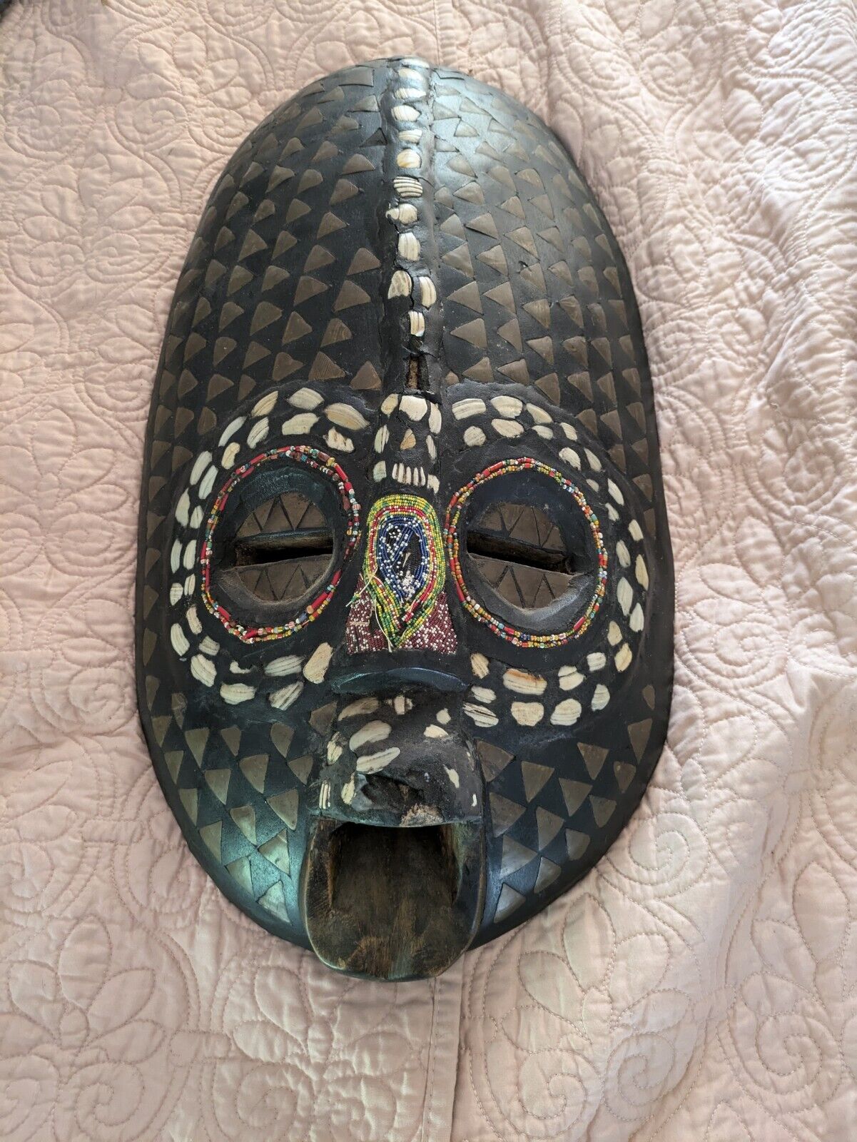 Vintage African Mask Made of Wood, Shells and Beads - Ghanaian 