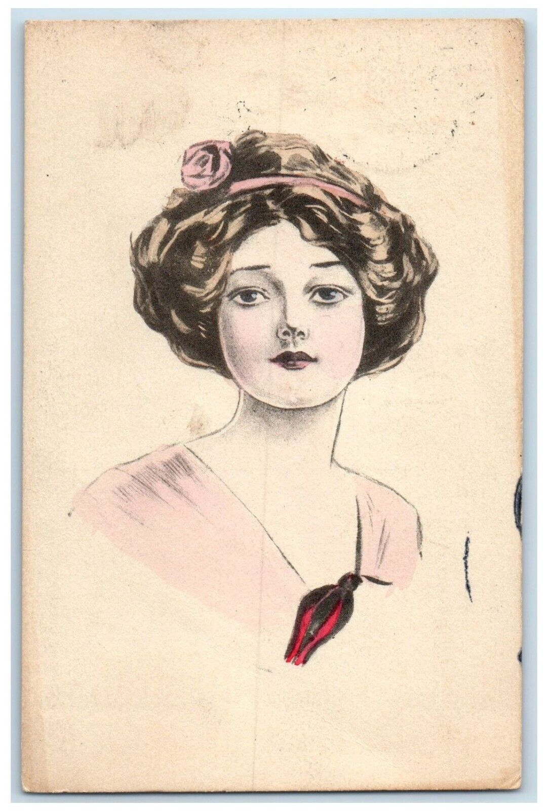 c1910's Pretty Girl Curly Hair Flower Headband Elgin Illinois IL Posted Postcard