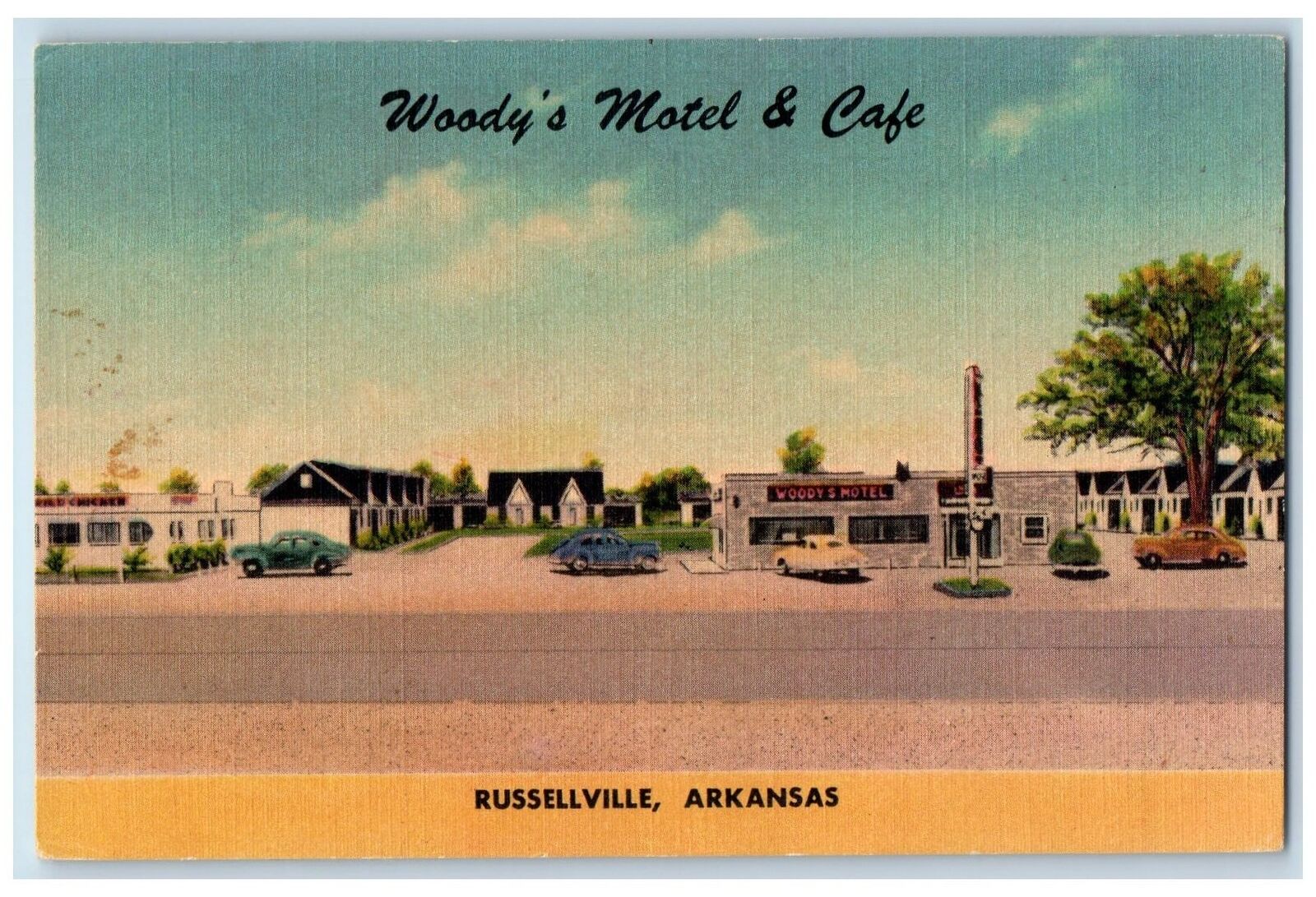 c1940 Woody's Hotel Cafe Restaurant Classic Cars Russellville Arkansas Postcard