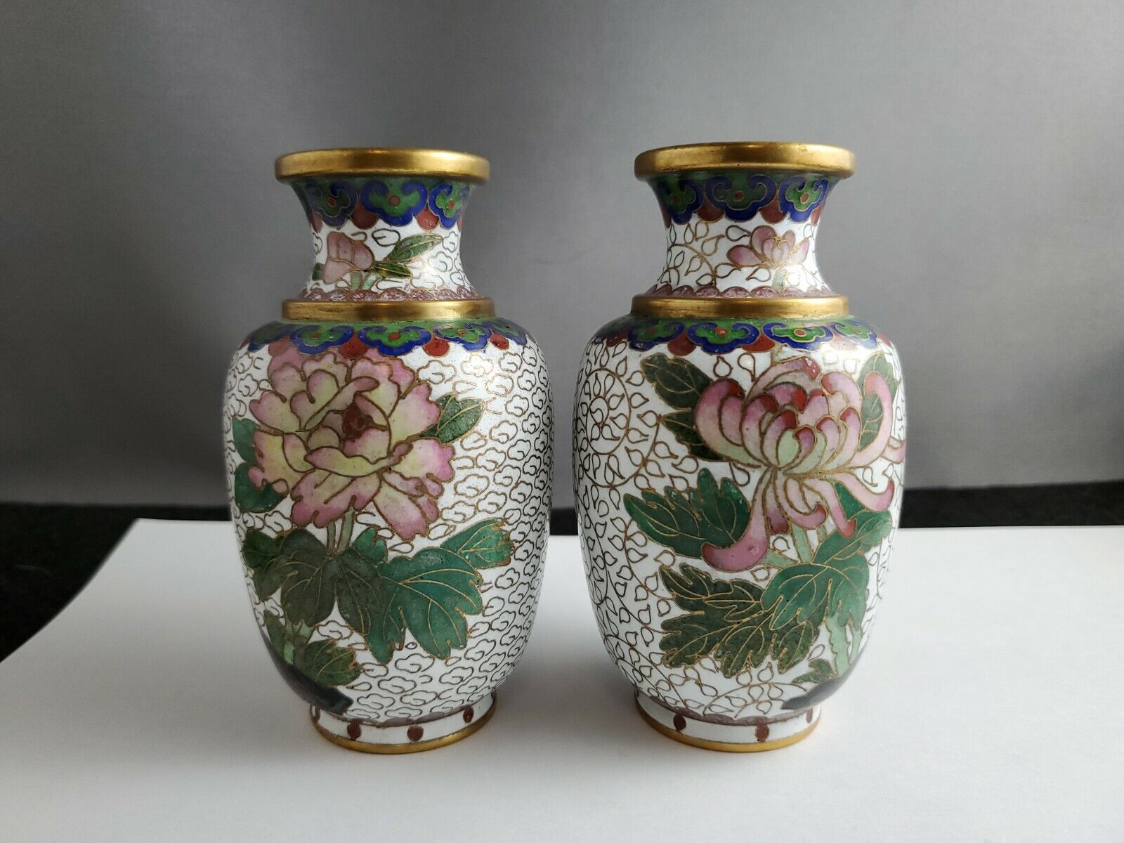 Vintage Pair White Cloisonne Vases