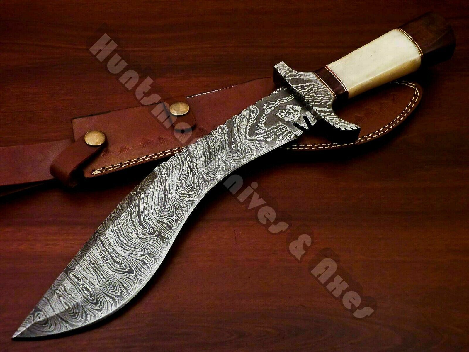 14'' long KUKRI Custom Made Hand Forged Damascus Blade & Stabilized Bone Handle