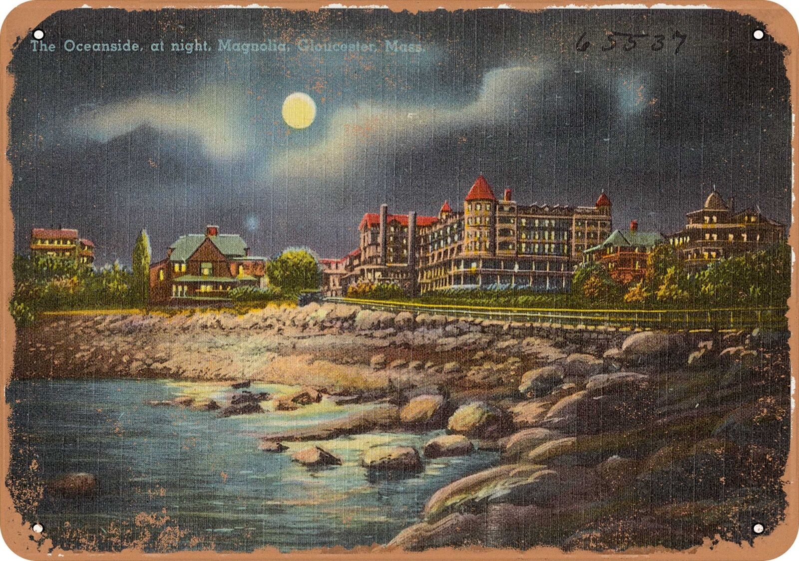 Metal Sign - Massachusetts Postcard - The oceanside at night, Magnolia, Glouces
