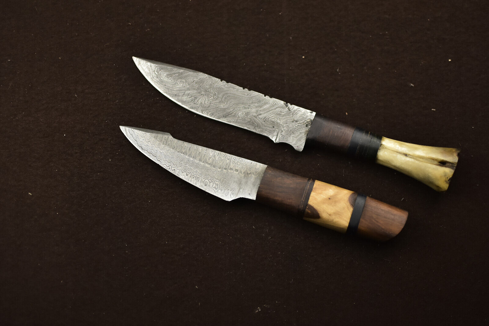 2Pcs Handmade Damascus Steel Hunting/Camping Skinner Knife - Wood Handle R-4085
