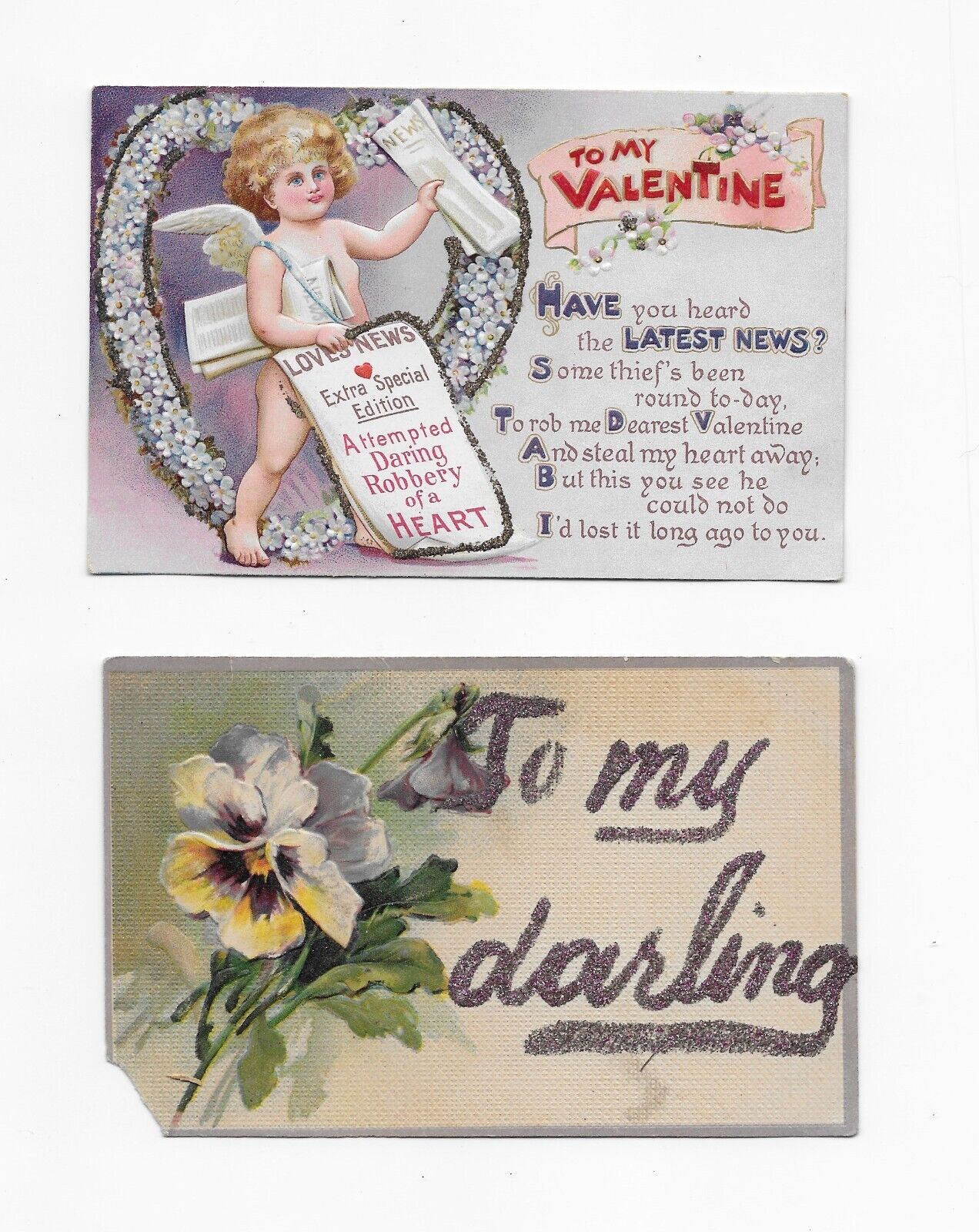 2 Vintage Valentine Postcards ** CUPID HEART ROBBERY * TO MY DARLING * GLITTER