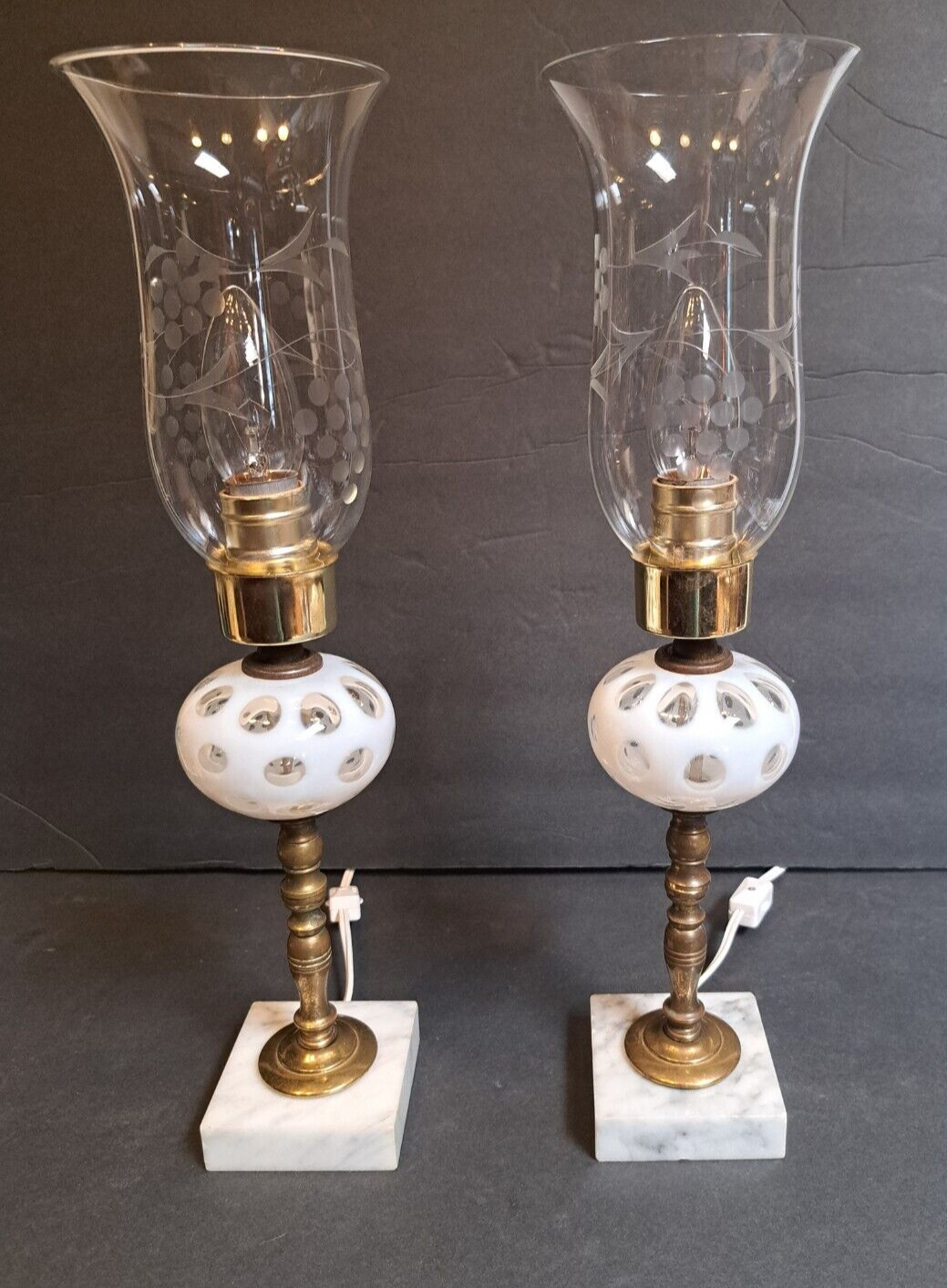 Vintage Pair Clear Etched Glass Hurricane Boudoir Table Lamps, Coin Dot Fenton ?