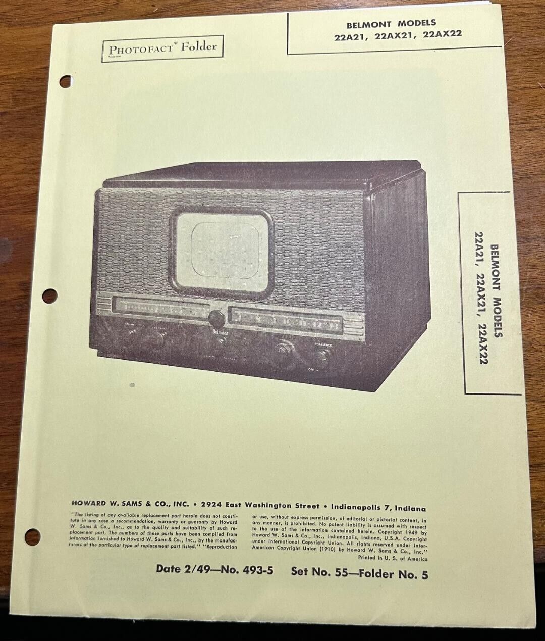 1949 Belmont 22A21 22AX21 22AX22 Radio Photofact Service Manual Foldout Folder