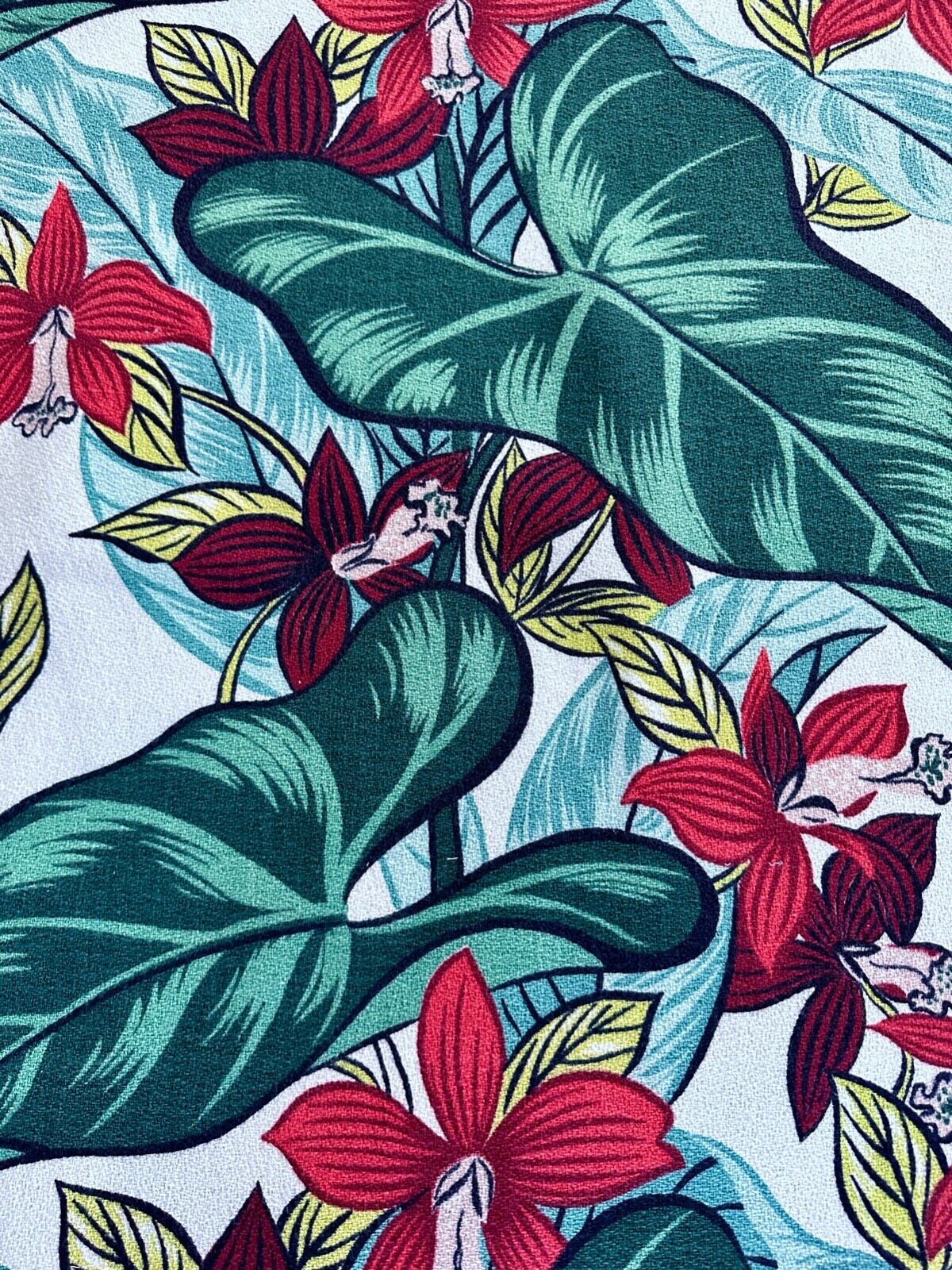 30's Miami Beach JUNGLE Jadeite Elephant Ear & Orchids Barkcloth Vintage Fabric
