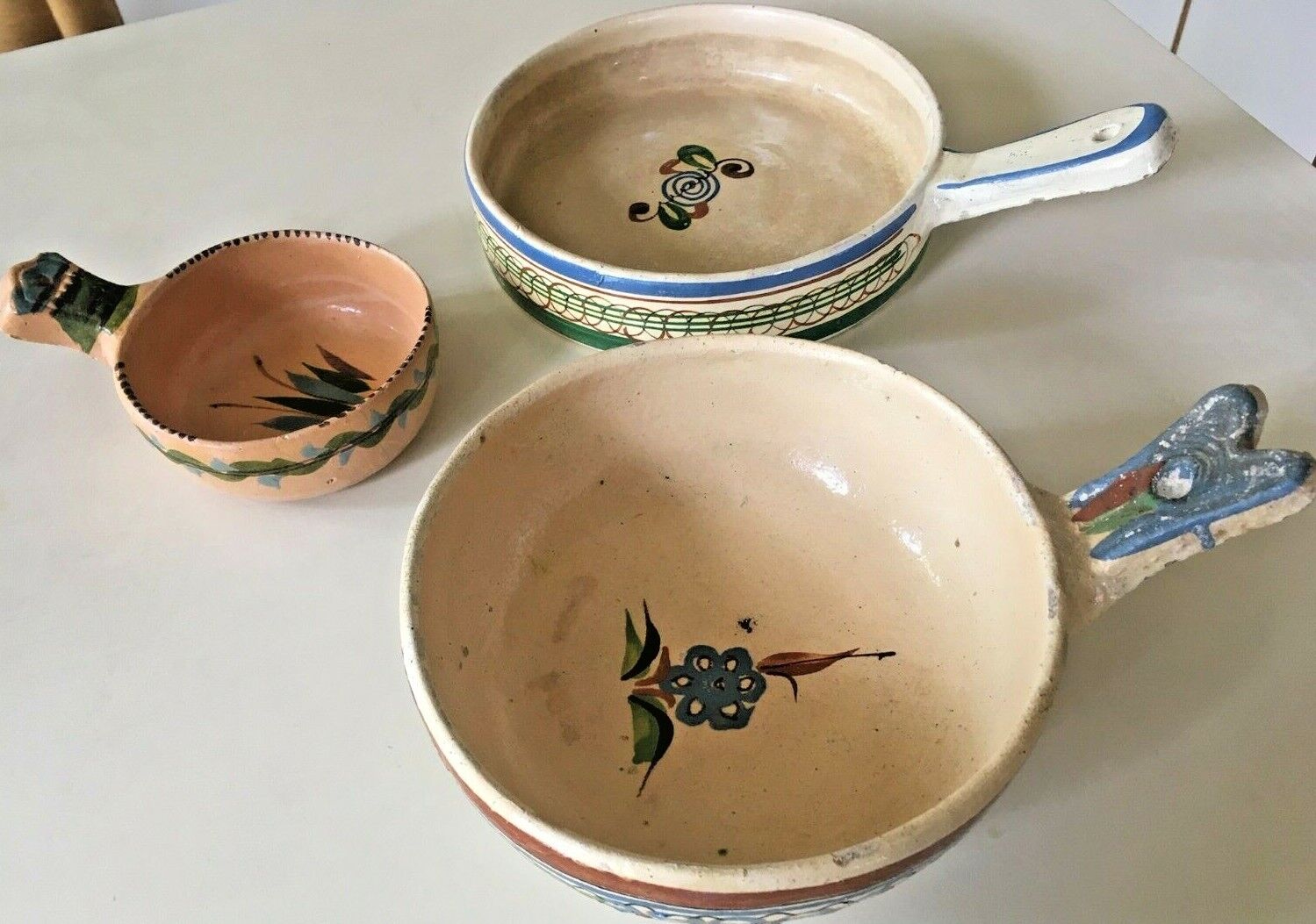 3 Vintage 1940s Mexican Tlaquepaque Clay Pottery  Dishes With Handles