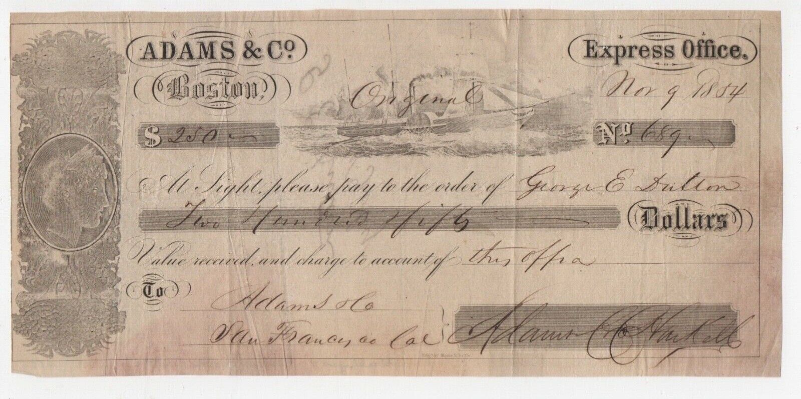 1854 Graphic Bank Check from Adams Express Co Boston to San Francisco