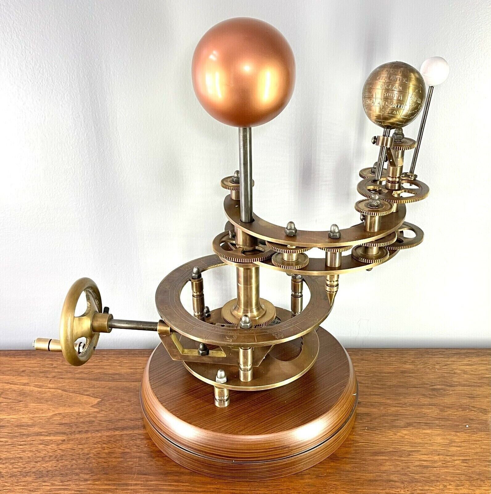 Heavy Solid Bronze Solar System Orrery Sun, Earth And Moon with wooden base